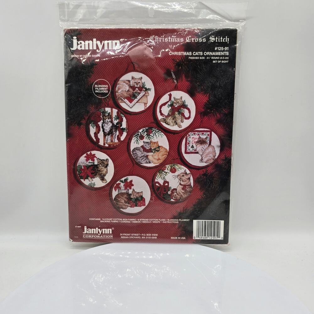 Vintage 1994 Janlynn Christmas Cats Ornaments Cross Stitch Kit #125-91 Catlover